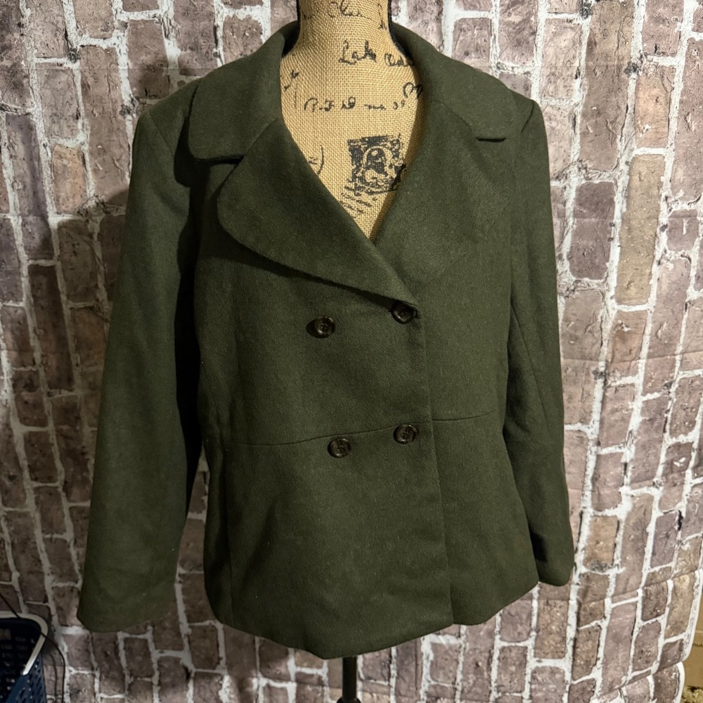 Talbots Olive Green Wool Blend Pea Coat Italian Fabric Women's Size 14 Jacket